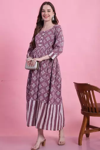 Rajnandini women's cotton jaipuri printed maternity gown with zipper