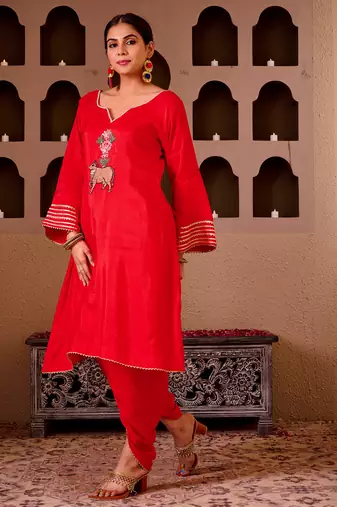Pichwai art red silk hand embroidered suit set