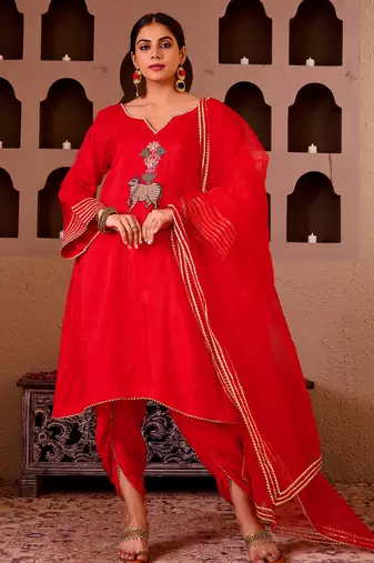 Pichwai art red silk hand embroidered suit set