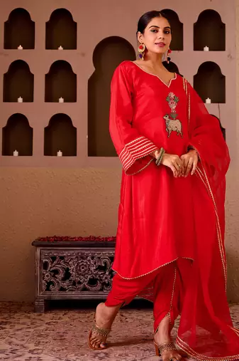 Pichwai art red silk hand embroidered suit set