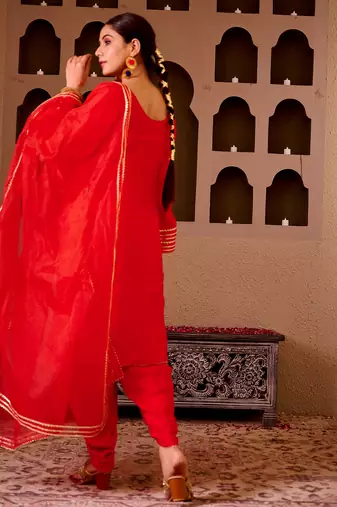 Pichwai art red silk hand embroidered suit set
