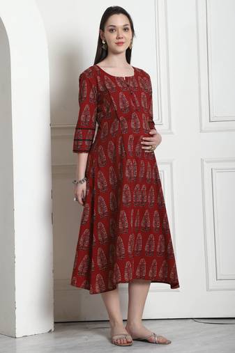 Rajnandini women's cotton jaipuri printed maternity gown with zipper