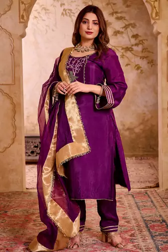 Krishika purple silk vrindavan themed hand embroidered suit set