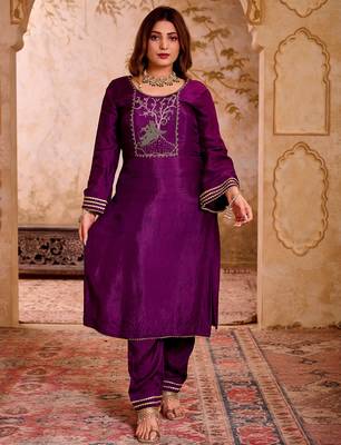 Krishika purple silk vrindavan themed hand embroidered suit set 4