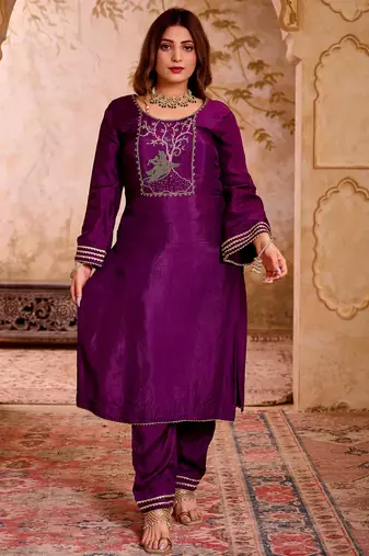 Krishika purple silk vrindavan themed hand embroidered suit set