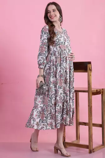 Rajnandini women's pure cotton jaipuri printed maternity gown with zipper