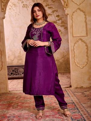 Krishika purple silk vrindavan themed hand embroidered suit set 5