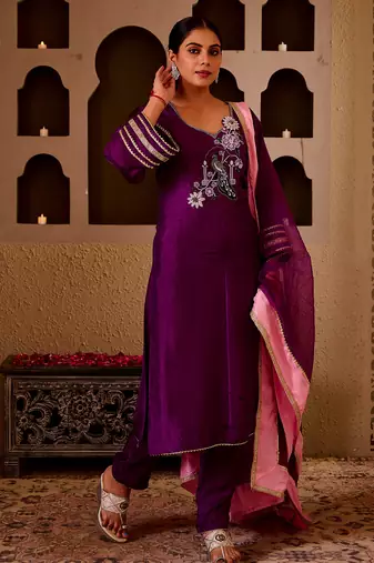 Mayuri purple silk hand embroidered suit set