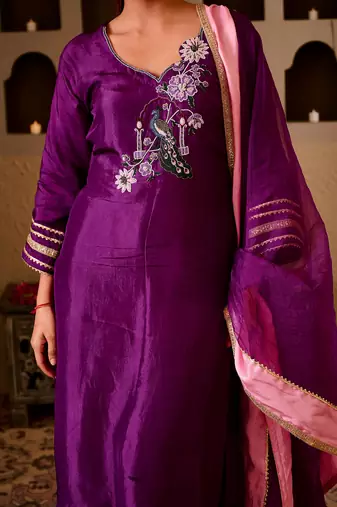 Mayuri purple silk hand embroidered suit set