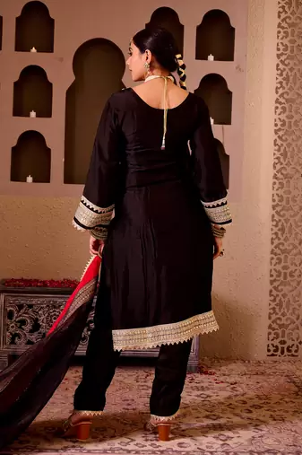 Sheeshmahal black  silk hand embroidered suit set