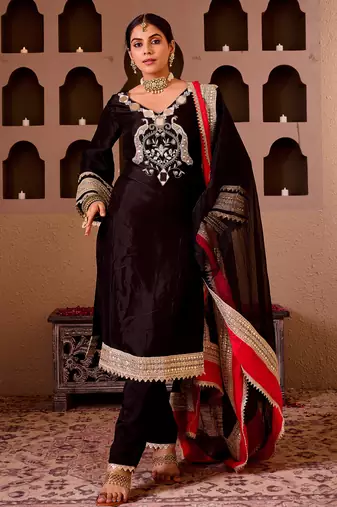 Sheeshmahal black  silk hand embroidered suit set