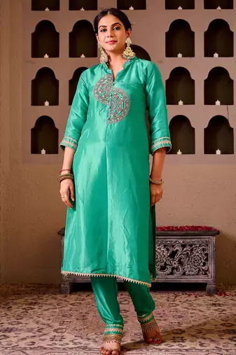Krishika emerald green silk hand embroidered suit set