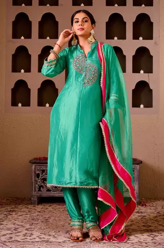 Krishika emerald green silk hand embroidered suit set
