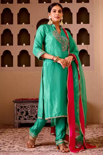Krishika emerald green silk hand embroidered suit set