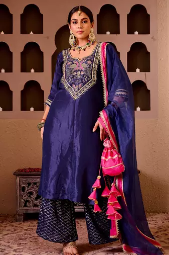 Ashnoor navy blue silk hand embroidered suit set