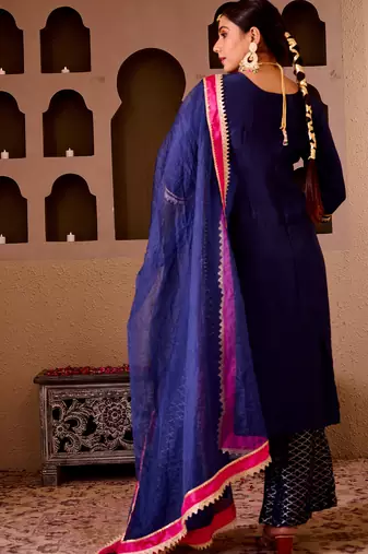 Ashnoor navy blue silk hand embroidered suit set