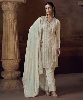 Ivory chinon silk free size upto 44 full stitched suits 1