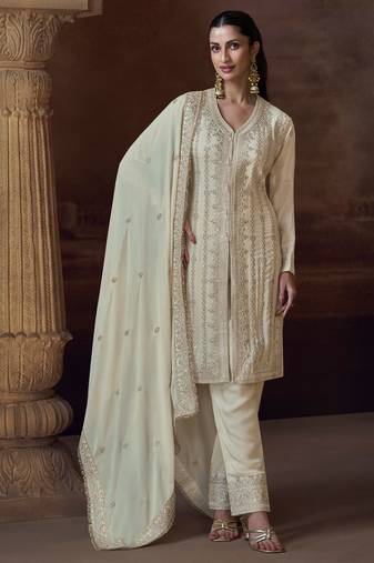 Ivory chinon silk free size upto 44 full stitched suits