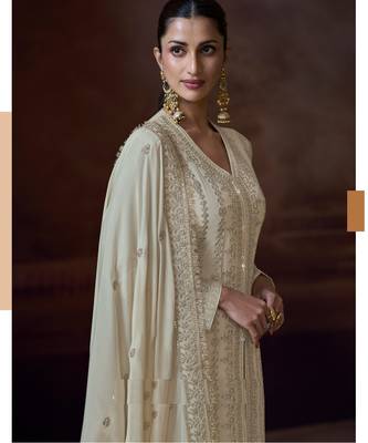 Ivory chinon silk free size upto 44 full stitched suits 2