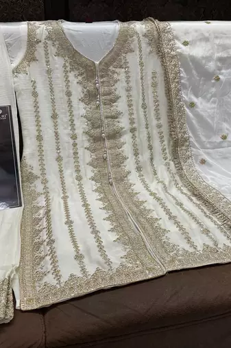 Ivory chinon silk free size upto 44 full stitched suits