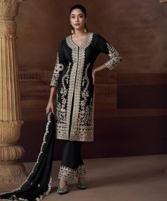 Black chinon silk free size upto 44 full stitched suits 1