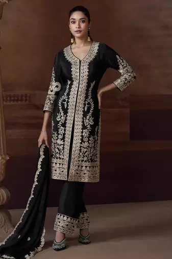 Black chinon silk free size upto 44 full stitched suits