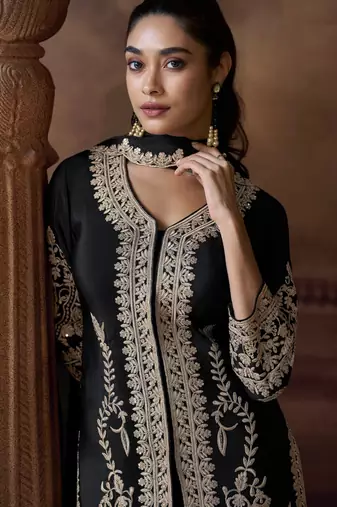 Black chinon silk free size upto 44 full stitched suits