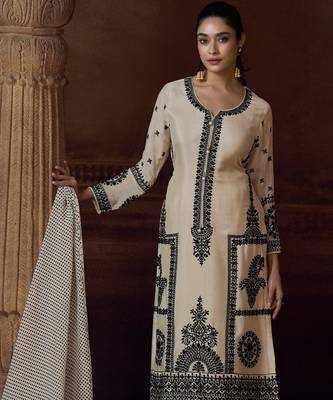 Cream chinon silk free size upto 44 full stitched suits 1