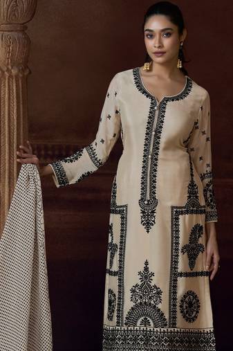 Cream chinon silk free size upto 44 full stitched suits
