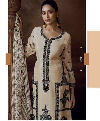Cream chinon silk free size upto 44 full stitched suits 2