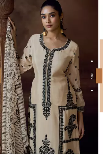 Cream chinon silk free size upto 44 full stitched suits