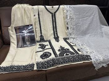 Cream chinon silk free size upto 44 full stitched suits 3