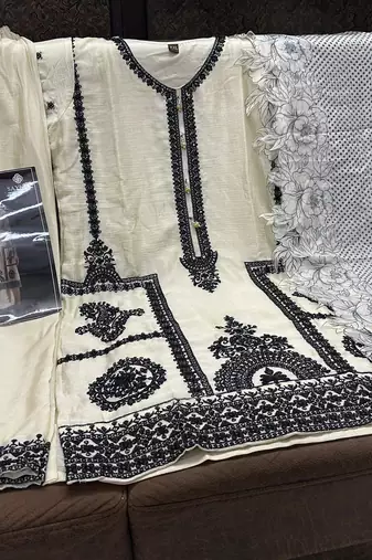 Cream chinon silk free size upto 44 full stitched suits