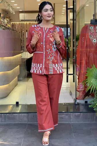 Rust Red Multicolor  Embroidered Cotton Co-Ord Set