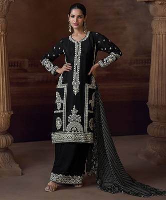 Black chinon silk free size upto 44 full stitched suits 1