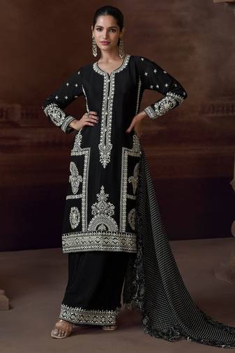 Black chinon silk free size upto 44 full stitched suits
