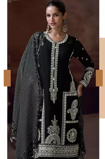 Black chinon silk free size upto 44 full stitched suits