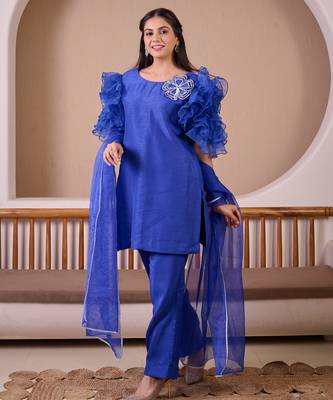 Royal blue raw silk suit with hand emroidery & rose ruffled sleeves 3
