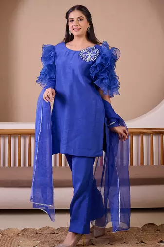 Royal blue raw silk suit with hand emroidery & rose ruffled sleeves