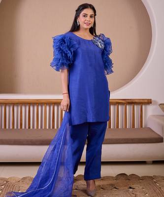 Royal blue raw silk suit with hand emroidery & rose ruffled sleeves 4