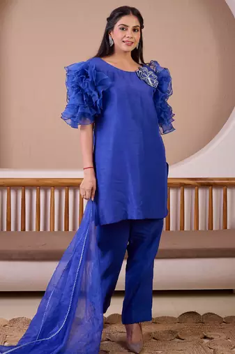Royal blue raw silk suit with hand emroidery & rose ruffled sleeves