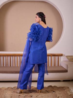 Royal blue raw silk suit with hand emroidery & rose ruffled sleeves 5