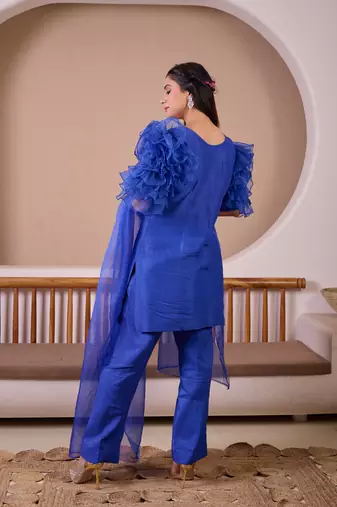 Royal blue raw silk suit with hand emroidery & rose ruffled sleeves