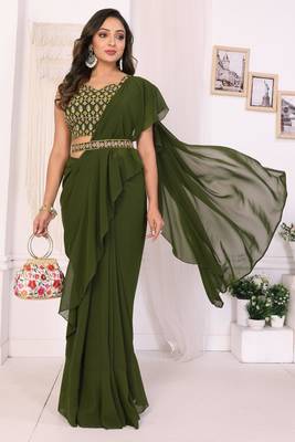 ready to wear mehendi georgette ruffle style saree with blouse & belt 1