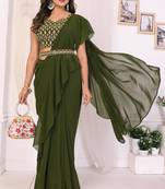 ready to wear mehendi georgette ruffle style saree with blouse & belt