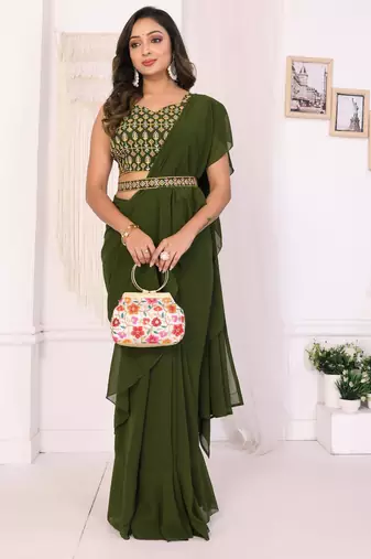 ready to wear mehendi georgette ruffle style saree with blouse & belt