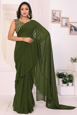 ready to wear mehendi georgette ruffle style saree with blouse & belt 3