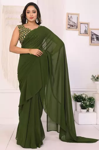 ready to wear mehendi georgette ruffle style saree with blouse & belt