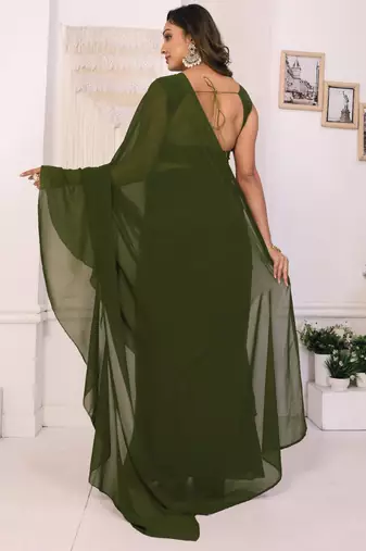 ready to wear mehendi georgette ruffle style saree with blouse & belt