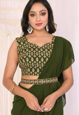 ready to wear mehendi georgette ruffle style saree with blouse & belt 5